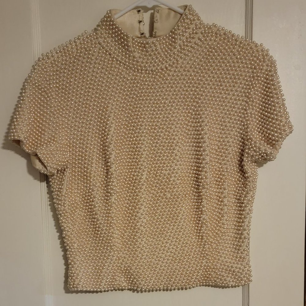 Hand beaded pearl short sleeve vintage top